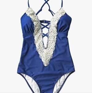 CUPSHE Women's Ladies Vintage Lace Bikini Sets Beach Swimwear Bathing Suit Blue